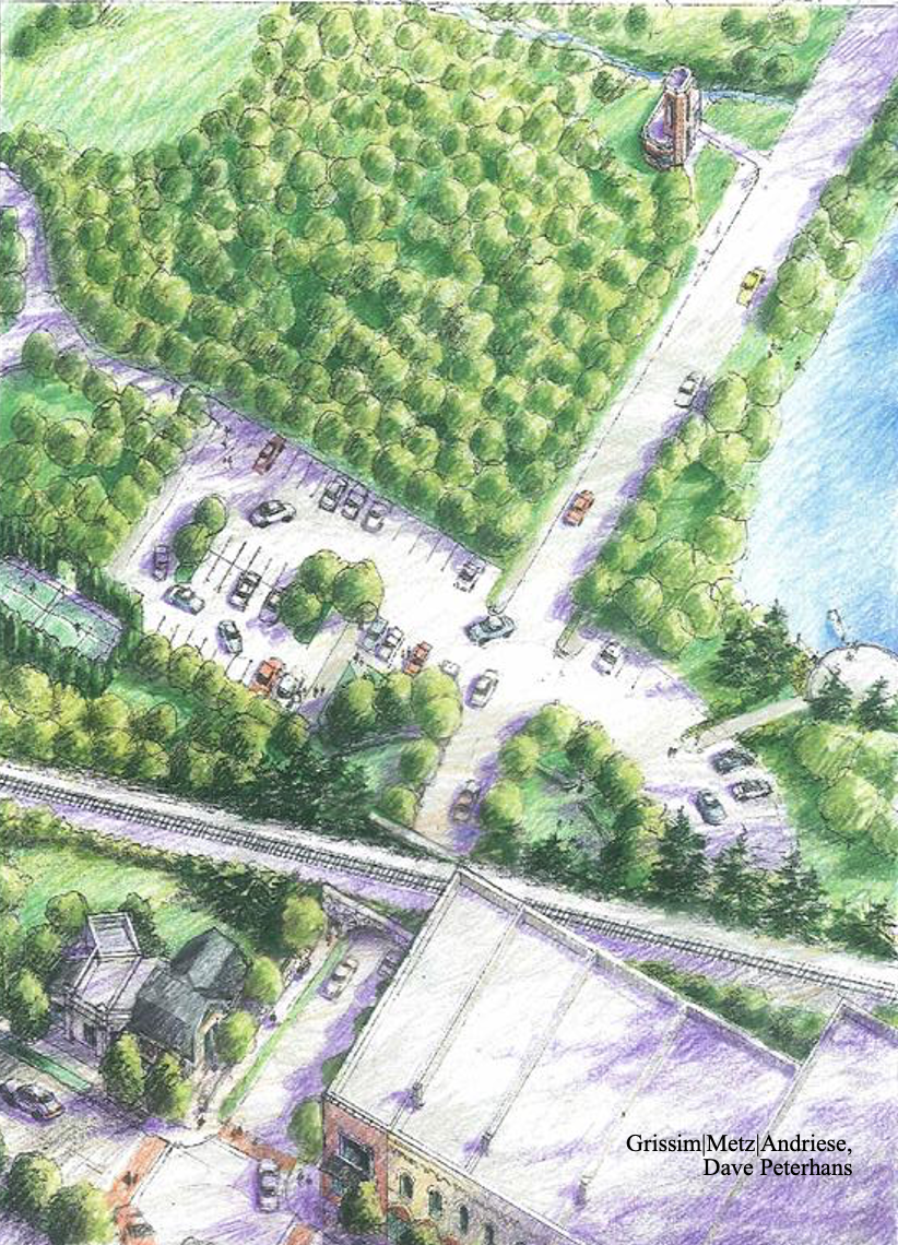 Aerial colored sketch of a diverse, tree-covered landscape