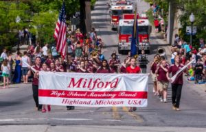 Milford High School marching band parade in Highland, Michigan.