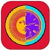 Stylized sun and moon illustration on red background.