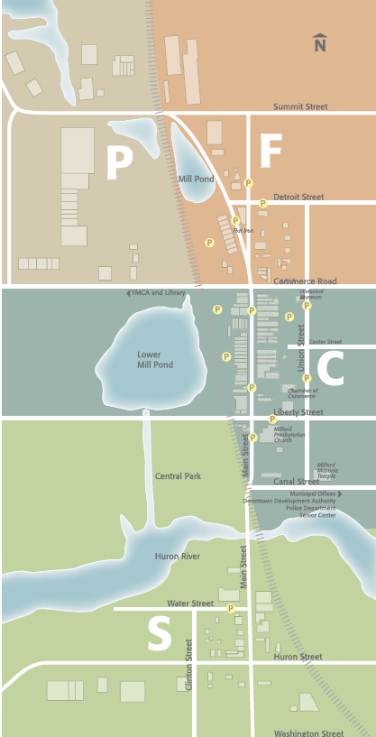 Downtown map with parking, parks, and river.