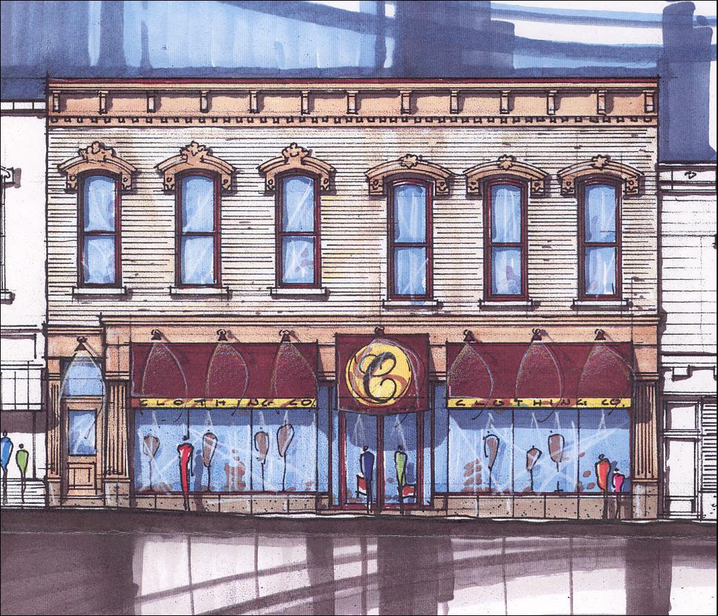 Illustration of a vintage storefront with pedestrians