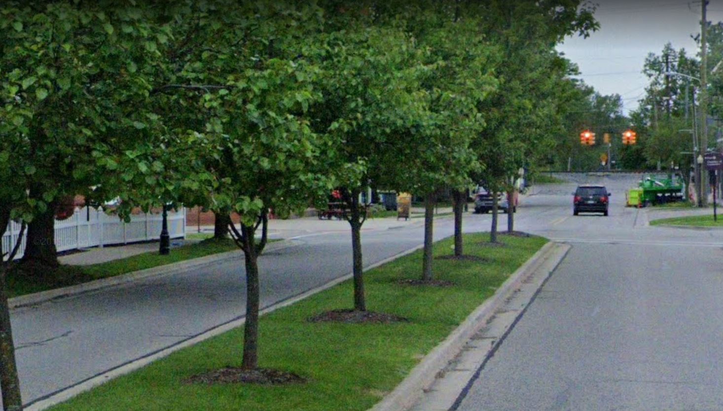 Suburban street with green trees and few cars