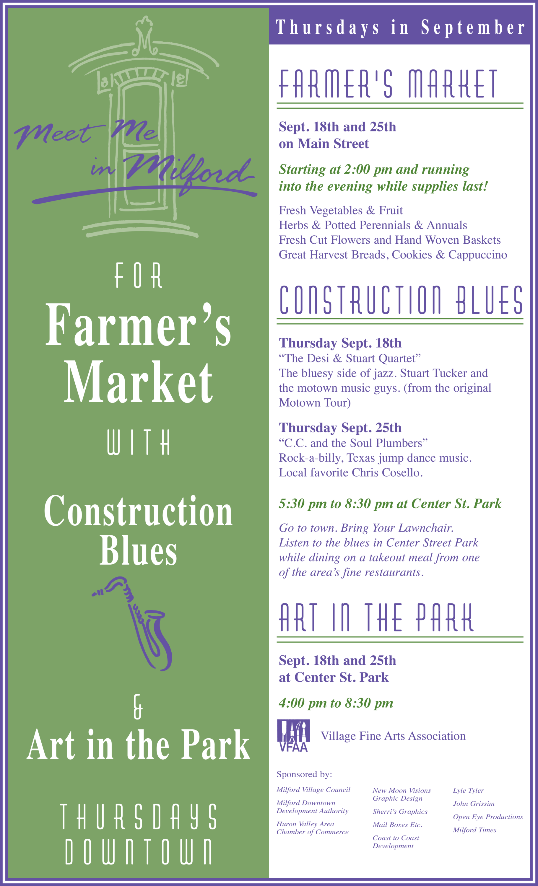 Milford events poster with details on Farmer's Market and concerts.