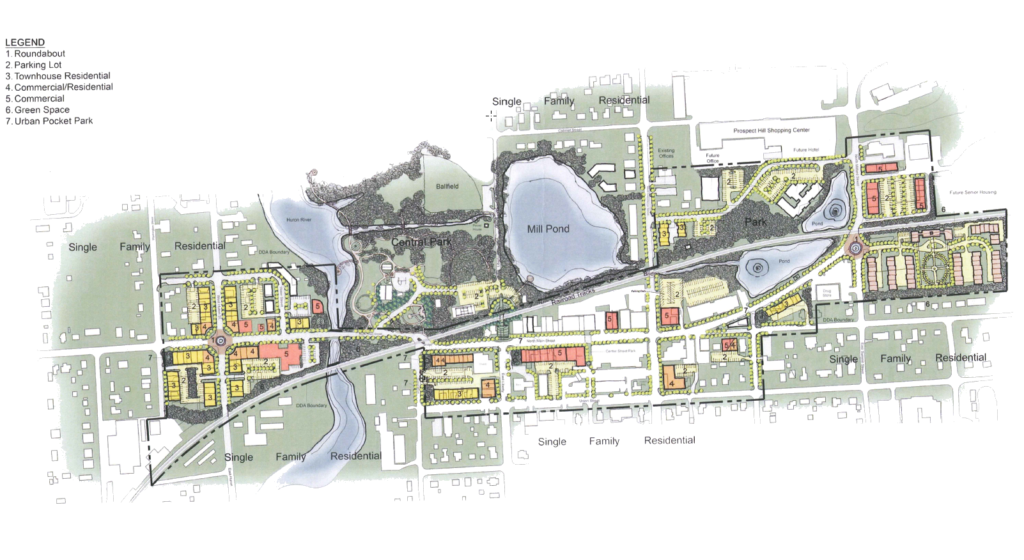 Illustrated master plan with residential and commercial areas.