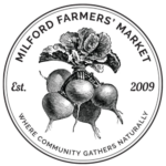 Milford Farmers Market logo with beets illustration, established 2009.