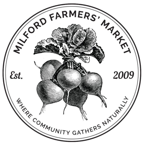 Milford Farmers Market logo with beets illustration, established 2009.