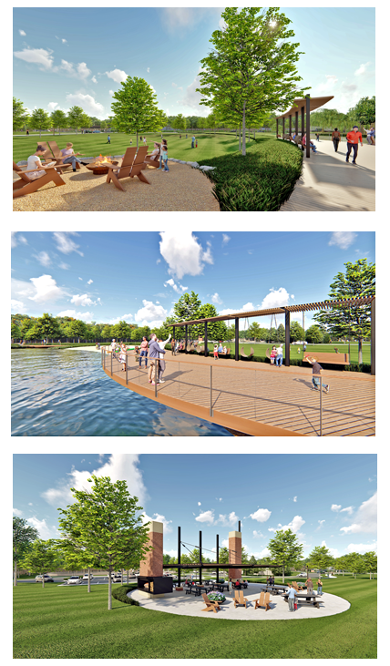 Park scenes with walking paths, seating areas, and water.
