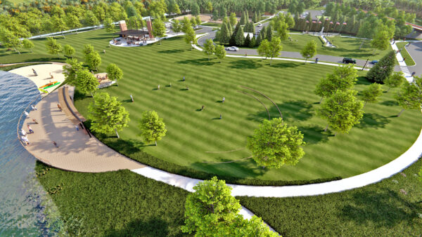 Scenic lakeside park with green spaces and walking paths.