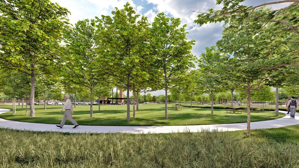 Man walking through sunny park with trees and pathway.