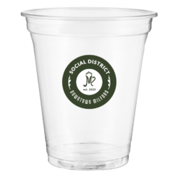 Clear plastic cup with Social District Downtown Milford logo