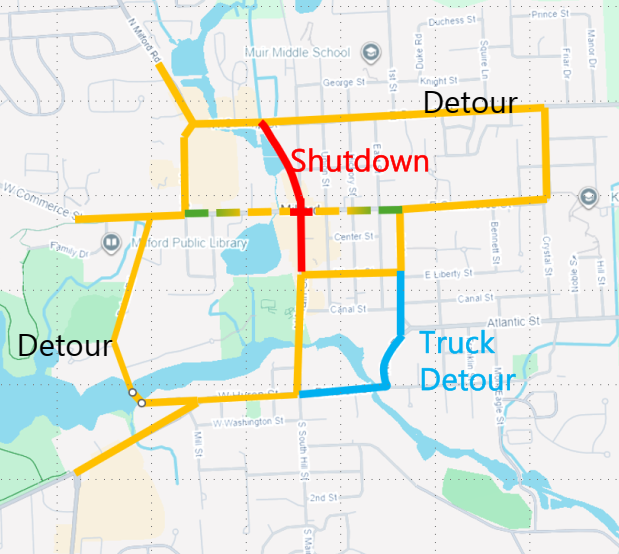 Map showing road shutdown and detour routes
